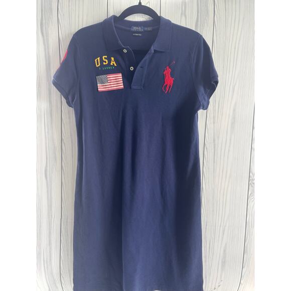 Vintage Y2K Ralph Lauren Sport Dress Skinny Polo USA Flag Pony Size Medium Blue - Picture 1 of 8